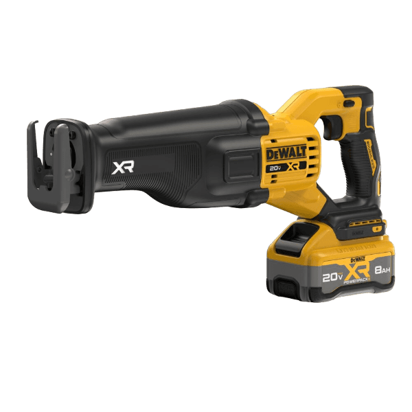 Yellow and black brushless cordless reciprocating saw with 20V XR POWERPACK battery for woodworking and home improvement tools