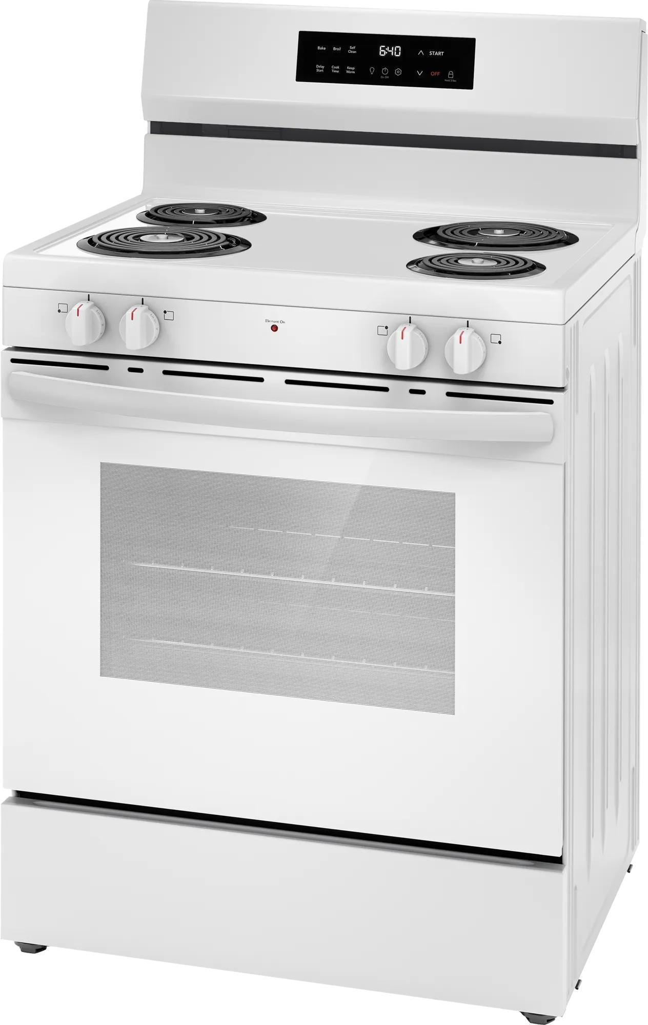 Freestanding white electric range with coil burners and digital control panel in kitchen appliances collections