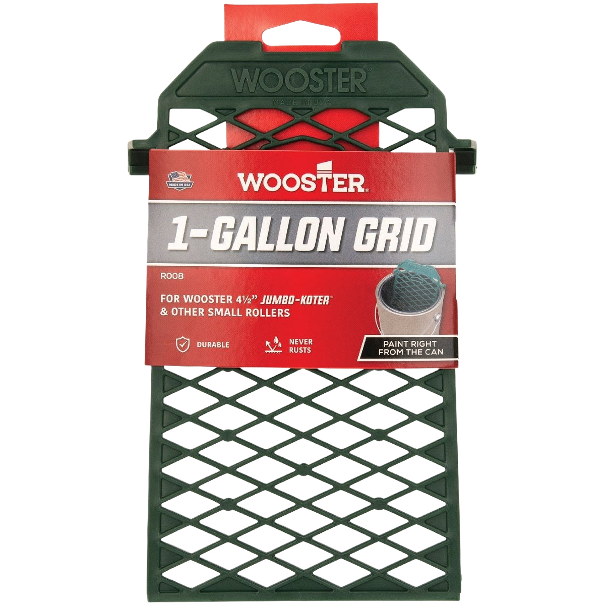 Green plastic paint roller grid designed for 1-gallon cans with hooks for secure attachment in paint supplies collections