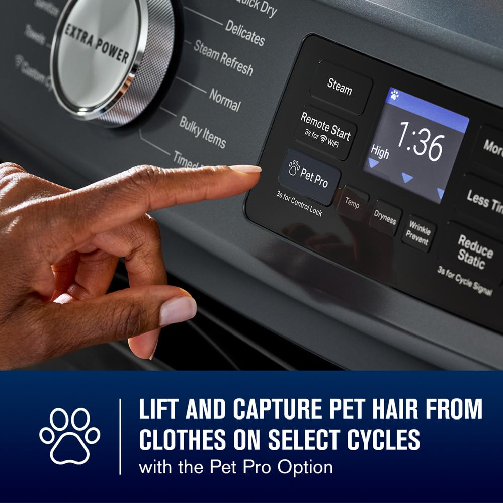 Finger pointing at digital control panel with Pet Pro option on front load gas dryer from Dryers collection