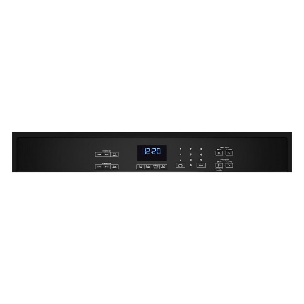 Black digital control panel with blue LED clock and touch buttons for double wall ovens in kitchen appliances collection