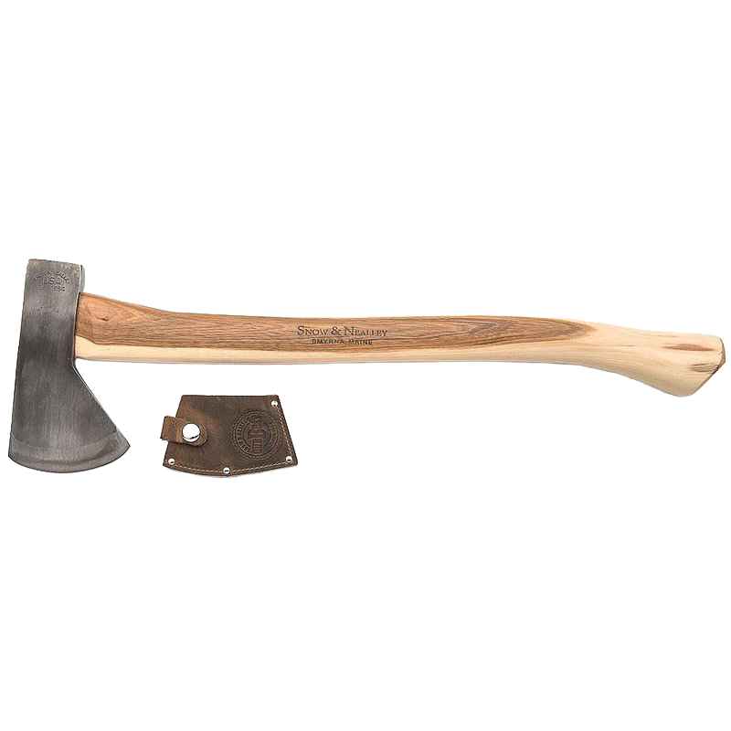 Camping axe with wooden handle and leather sheath for outdoor tools, striking tools, and gardening collections