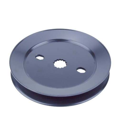 Black metal mower drive pulley with central splined hole and two mounting slots for tools and home improvement use