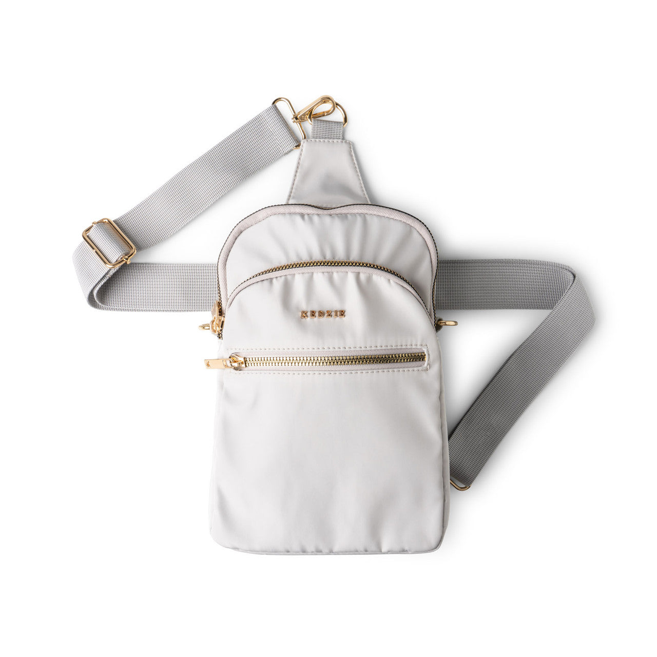 Light gray fabric sling bag with two zippered front compartments and adjustable strap, part of Clothing & Shoes, Accessories, Bags & Wallets collections at Hartville Hardware.