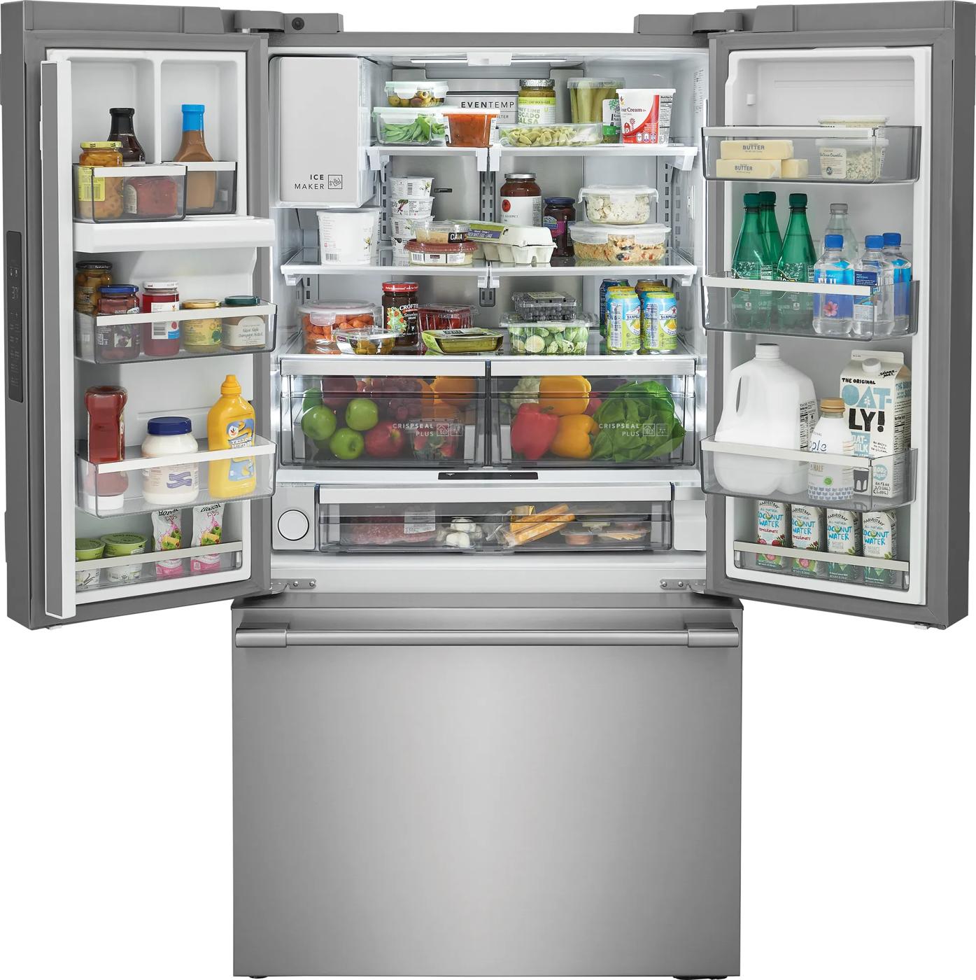 open stainless steel 23 cu ft French door refrigerator showing organized fresh food and beverage storage in appliances collection