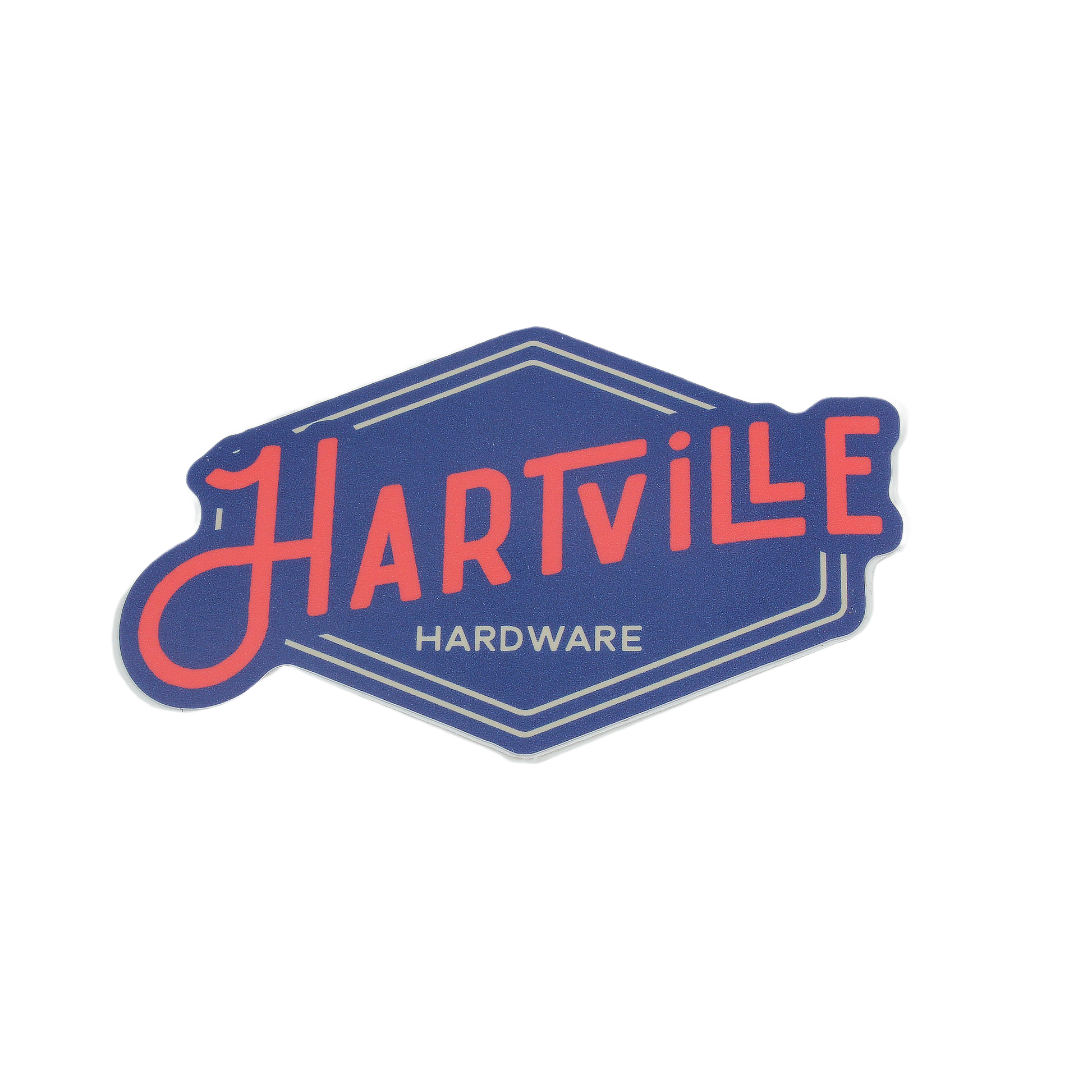 Blue and red Hartville Hardware sticker with retro style typography for tools and home improvement projects