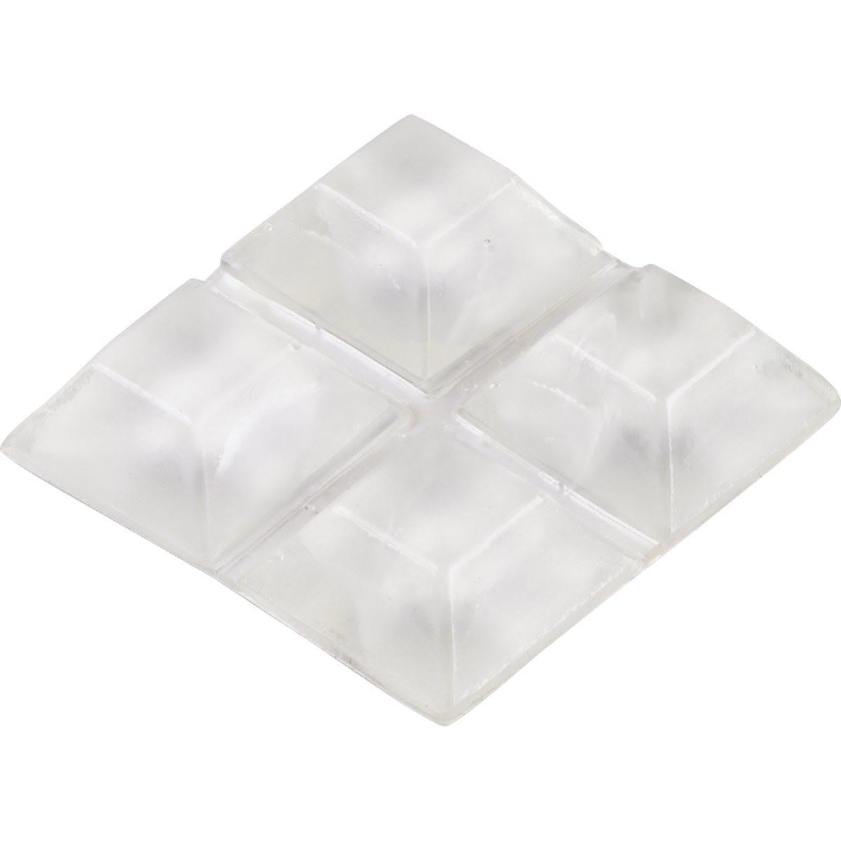Four translucent square-shaped self-adhesive bumpers arranged on a white background for home improvement use