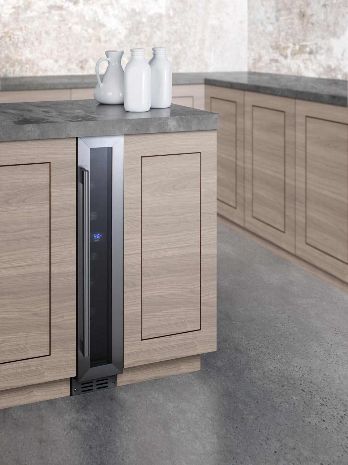 Built-in 6 inch wide wine cellar with stainless steel handle and digital temperature display in modern kitchen setting