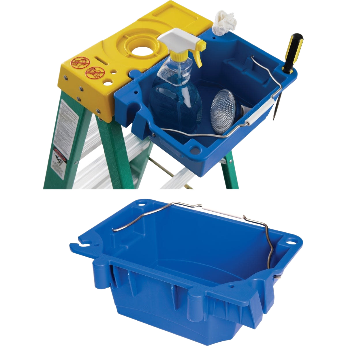 Blue plastic accessory bucket with handle for ladders, designed to hold tools and supplies during home improvement tasks