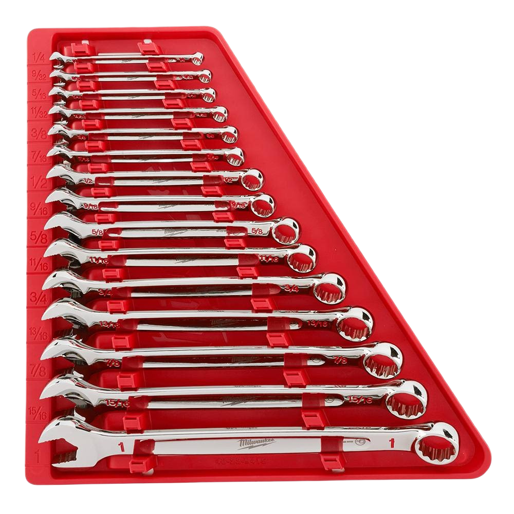 Set of polished combination wrenches with MAX BITE open-end grip in a red tray for hand tools and woodworking collections