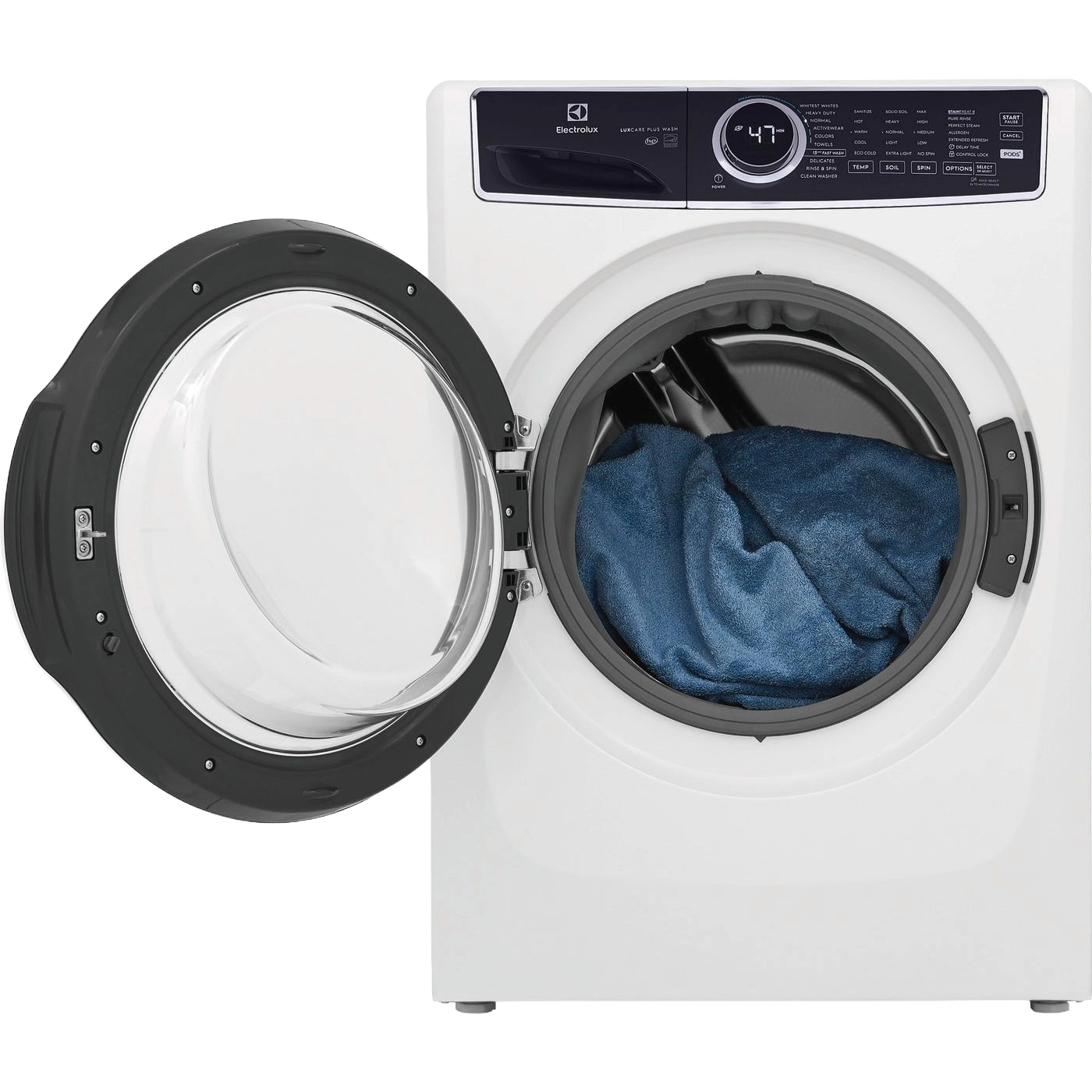 White front load washer with open door showing blue fabric inside, part of washers and dryers appliance collection