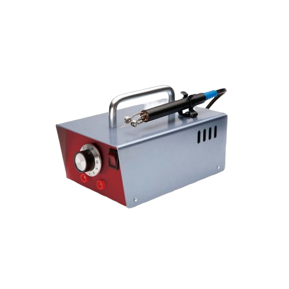 Compact metal pyrography machine with temperature control dial and attached pen-style wood burning tool for crafting projects