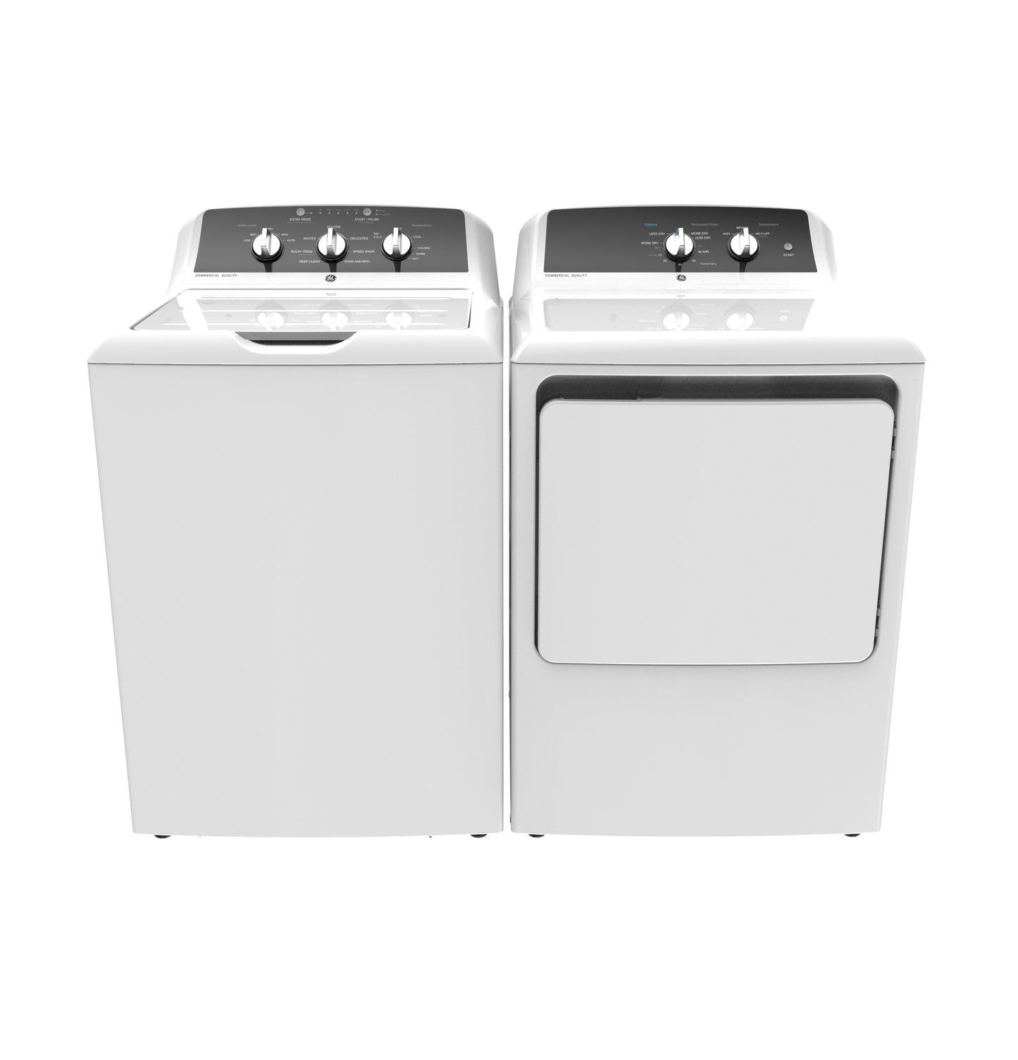 White top-load washer and matching dryer set with black control panels and multiple knobs for home use