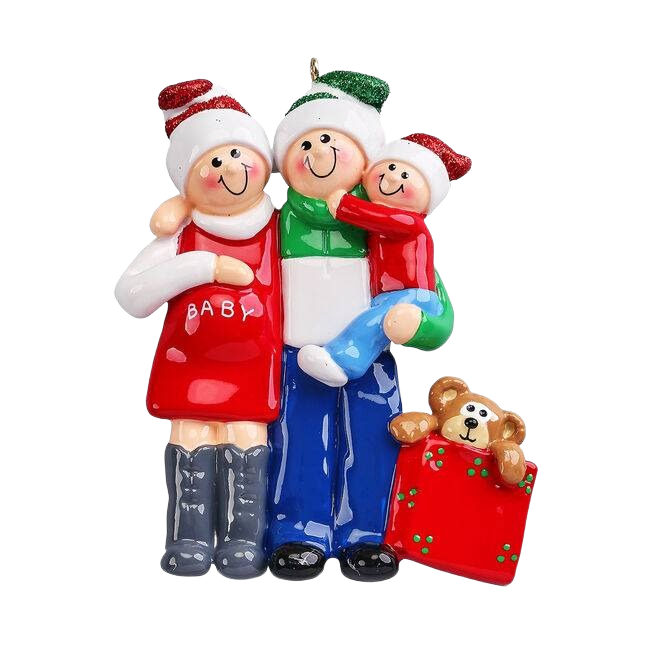 Glossy festive ornament depicting a smiling family with one child and a teddy bear in Christmas Ornaments & Tree Decorations collection