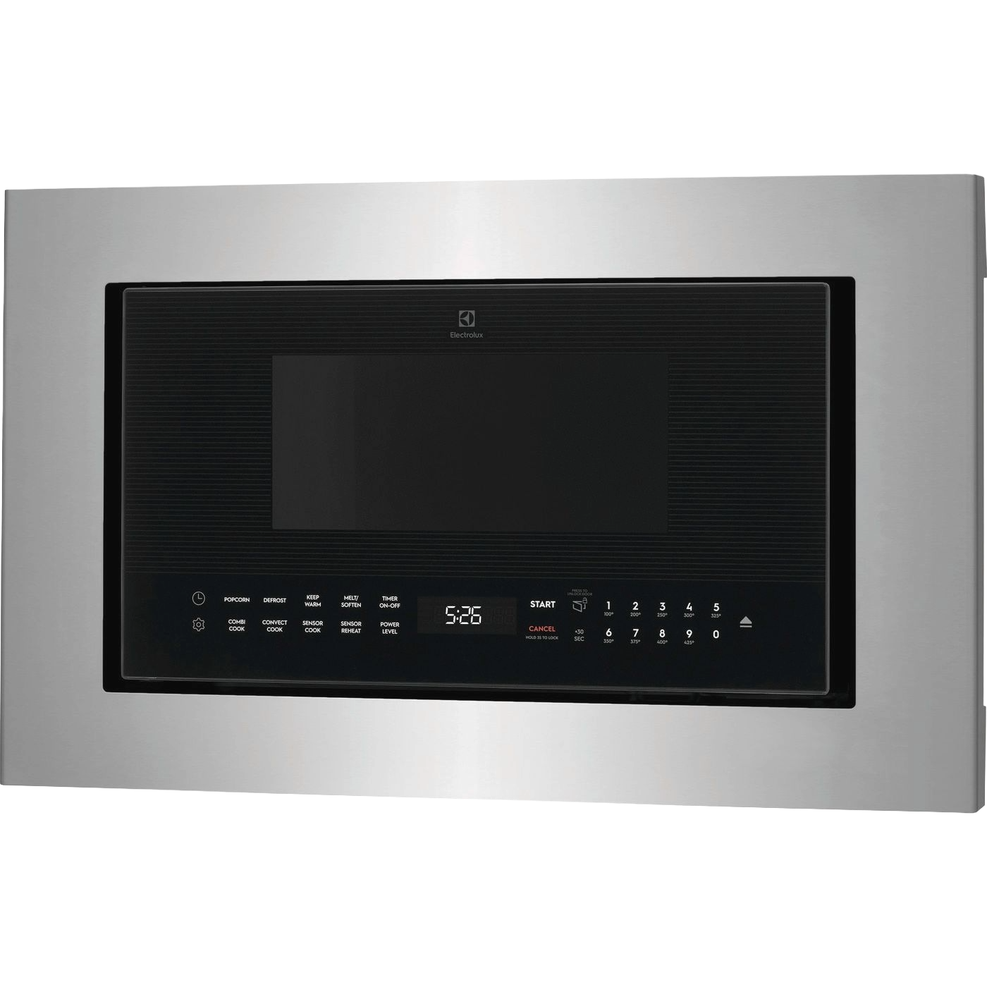 Built-in stainless steel side swing microwave oven with glass touch controls and digital display panel