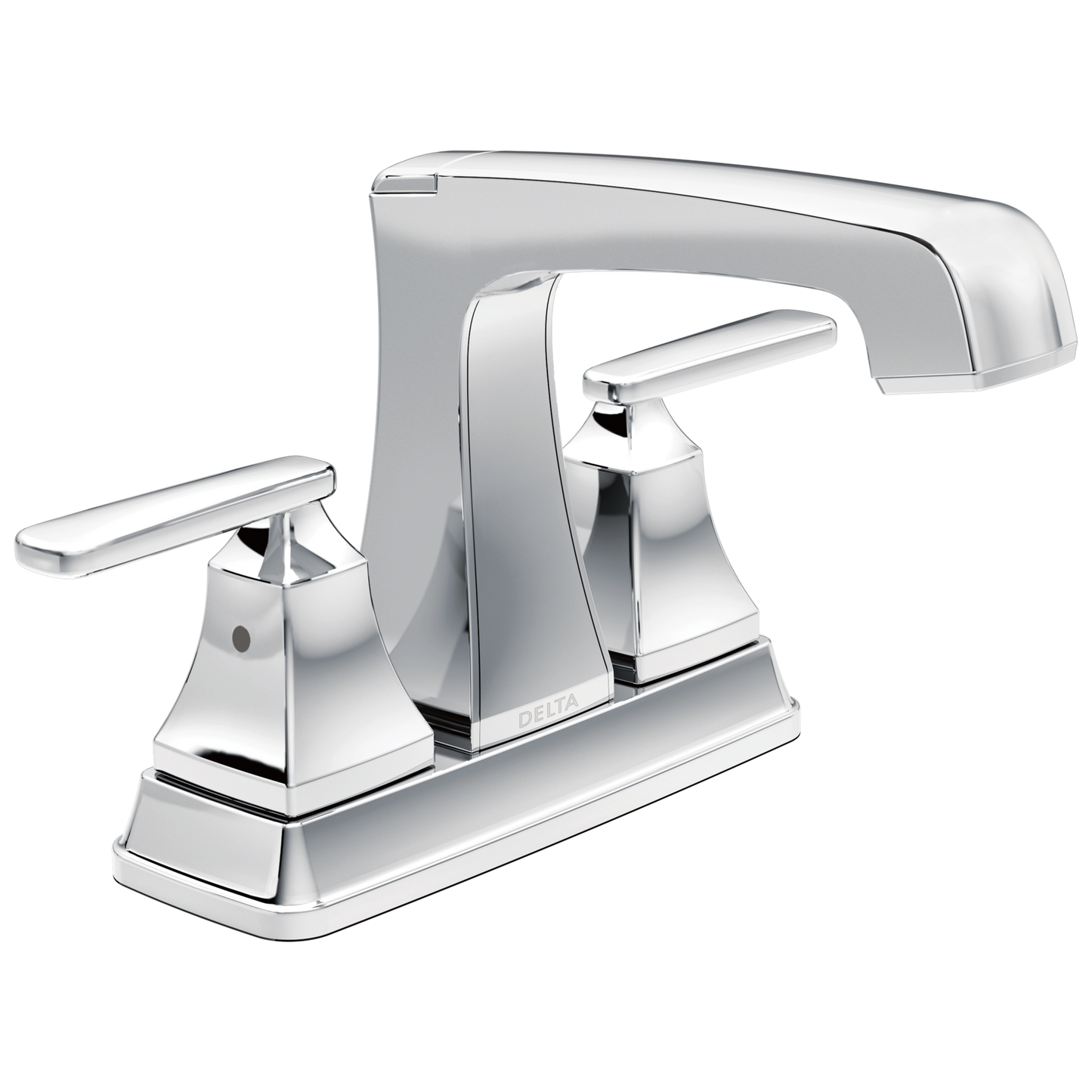 Chrome two-handle centerset bathroom faucet with sleek modern design for bathroom sink plumbing and home improvement.