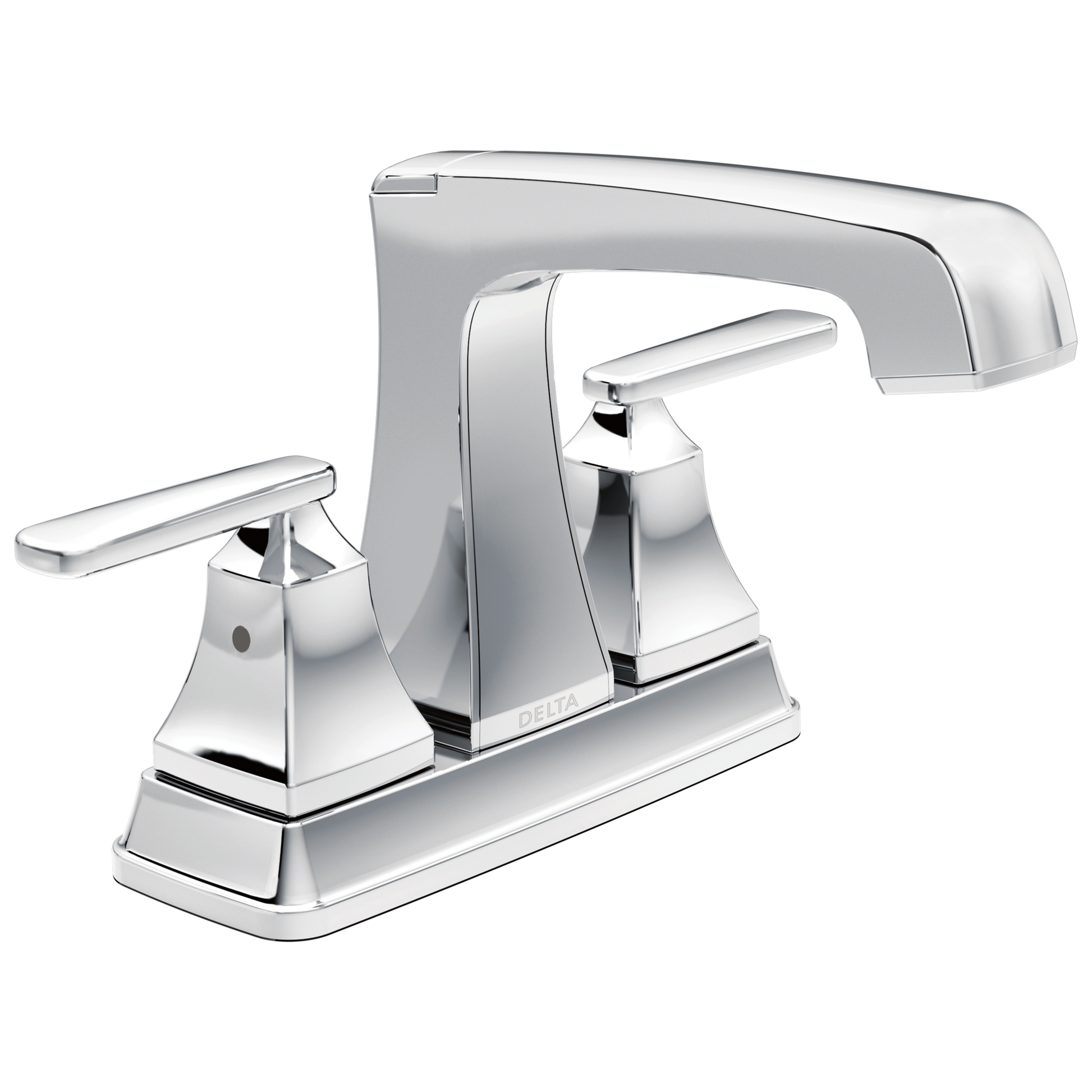 Chrome two-handle centerset bathroom faucet with sleek modern design for bathroom sink plumbing and home improvement.