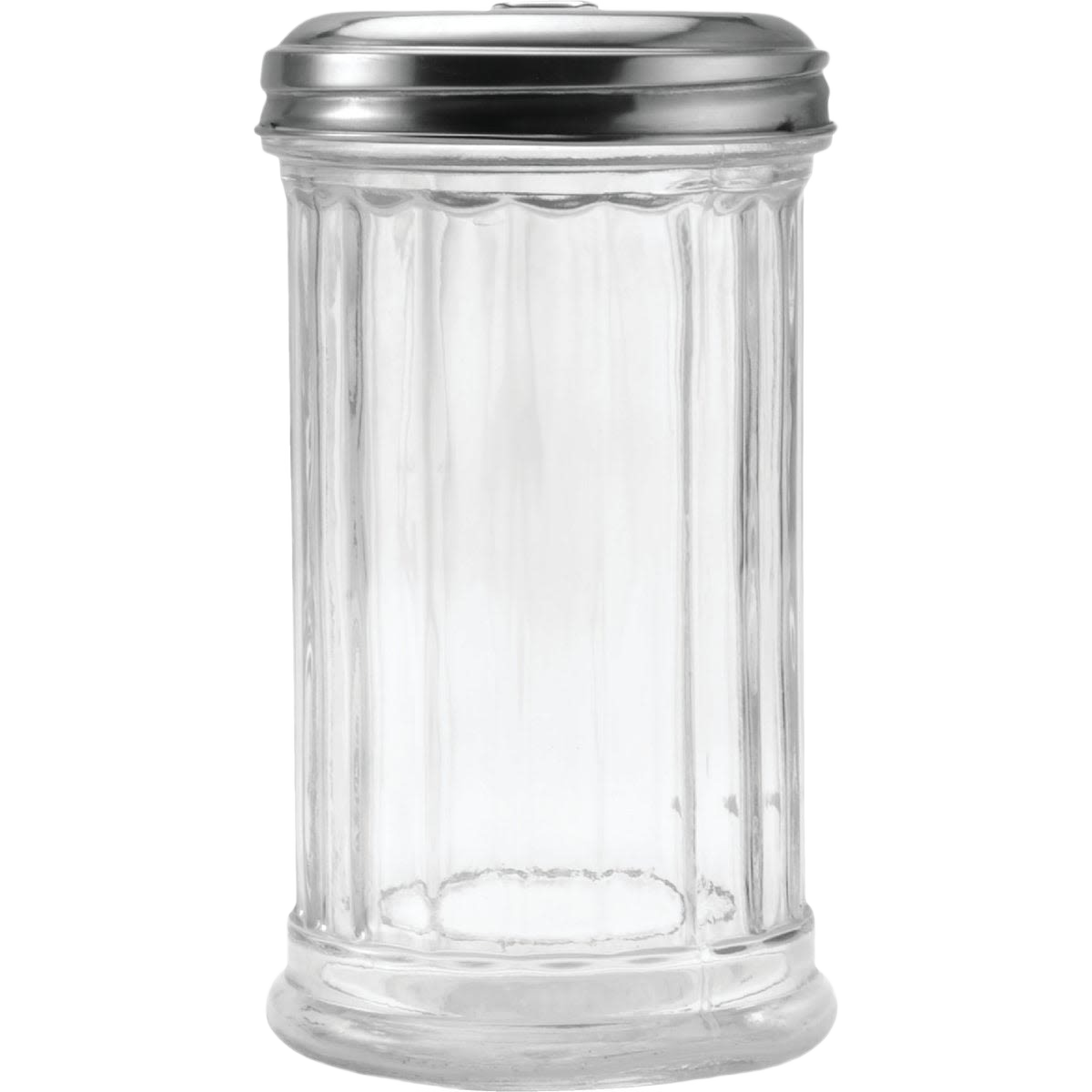 Clear glass sugar dispenser with stainless steel pourer cap for kitchen storage and countertop accessories collections