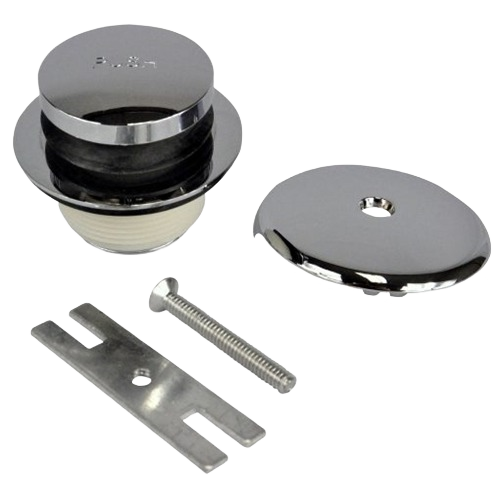Chrome tub drain trim kit with overflow cover, mounting screw, and metal installation tool for home improvement projects