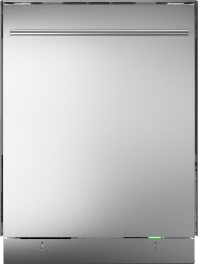 Front view of stainless steel dishwasher in kitchen appliances collection with green program status light on bottom right corner