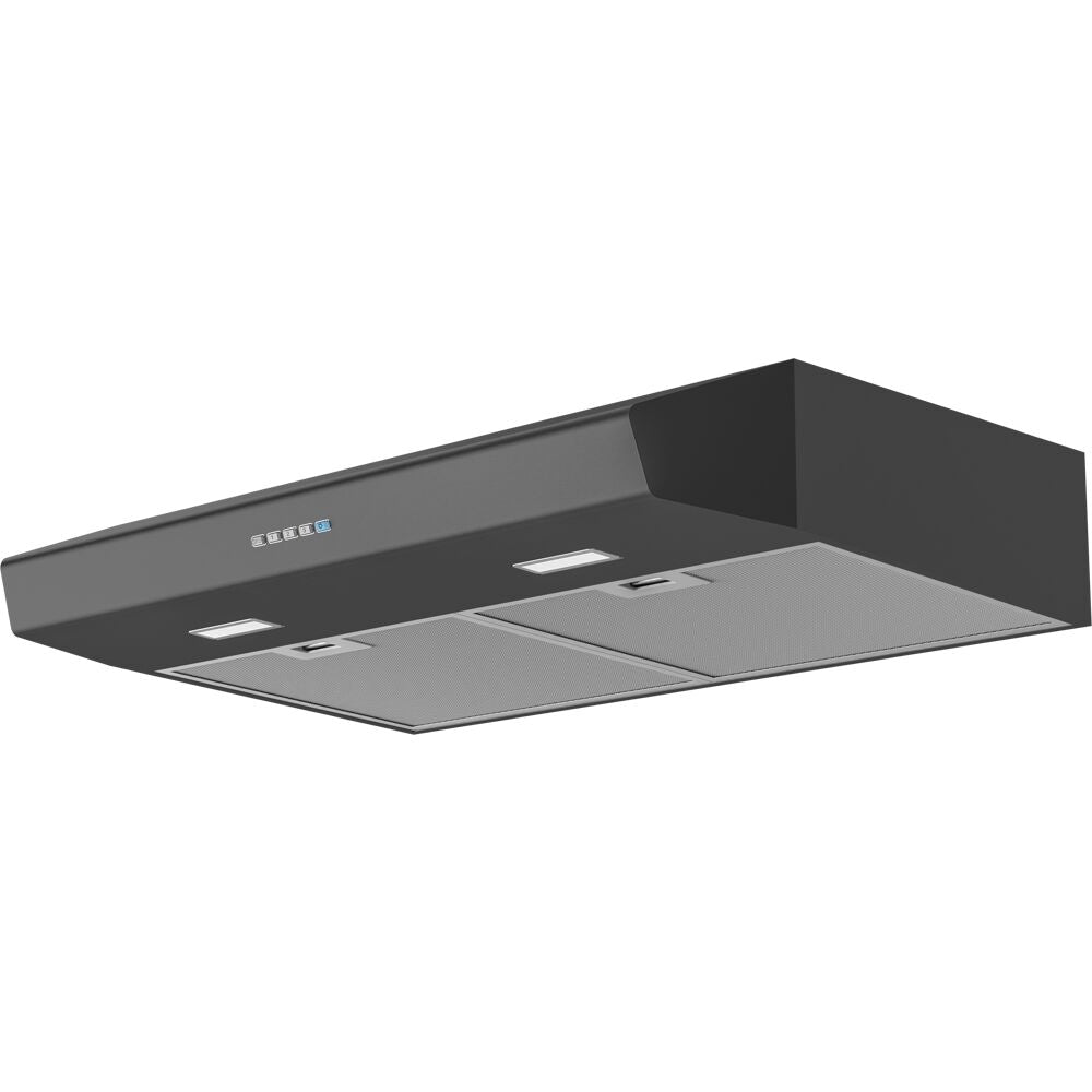 Under cabinet black range hood with dual LED lights, electronic controls, and dishwasher-safe aluminum filters in kitchen appliances collection