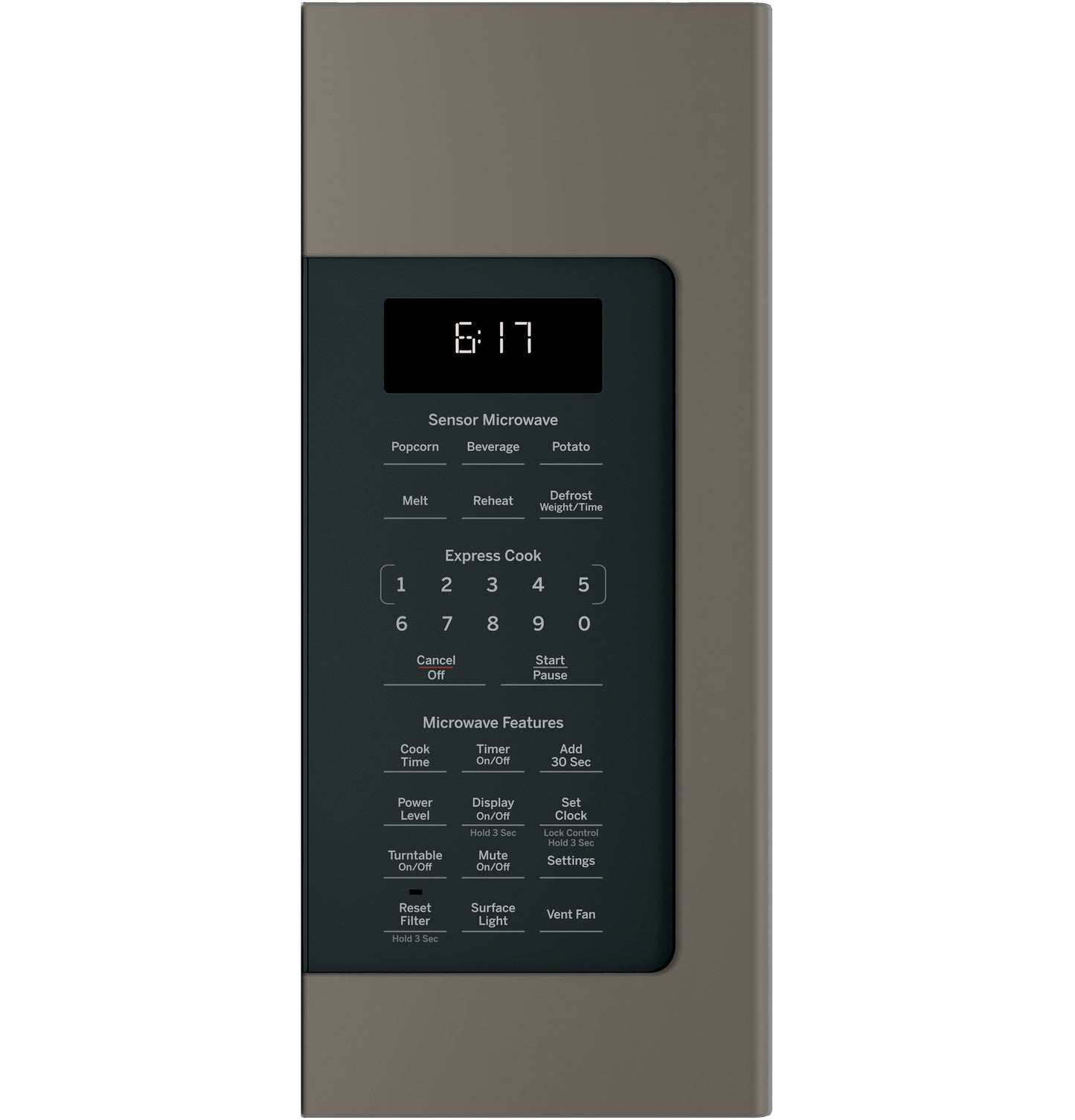 Control panel of over-the-range microwave with digital clock, sensor cooking options, and multiple function buttons for kitchen appliances collection