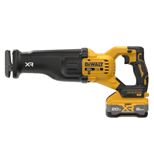Yellow and black brushless cordless reciprocating saw with 20V battery for woodworking, power tools, and home improvement tasks
