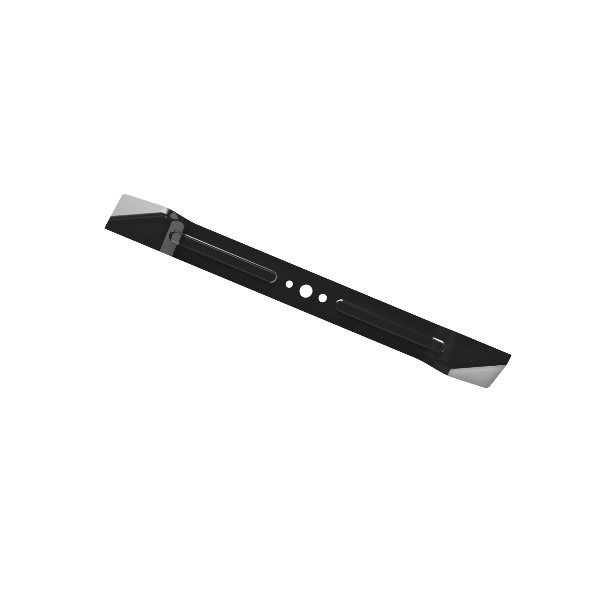 Black metal high-lift mower blade with mounting holes, designed for efficient grass clipping collection under $100 tools category
