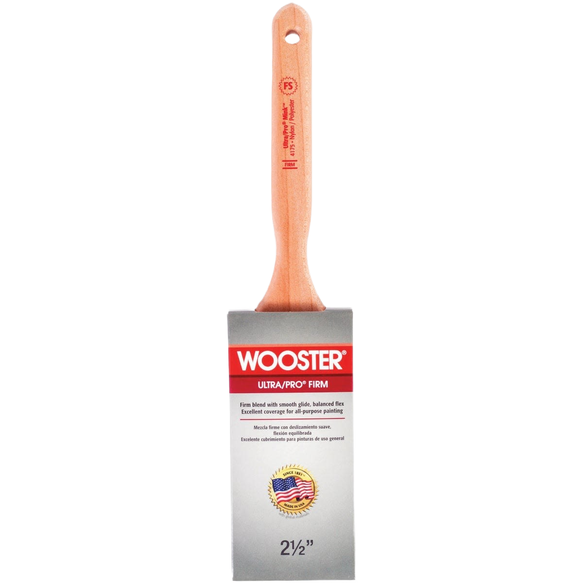 Flat paint brush with wooden handle and firm synthetic bristles for home improvement and painting projects