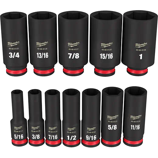 Set of twelve black impact sockets with red accents for hand tools and home improvement applications