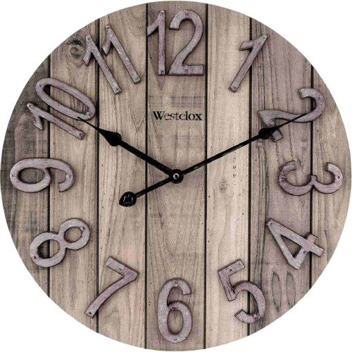 Round wall clock with large rustic wood grain background and raised distressed numbers in home decor collection