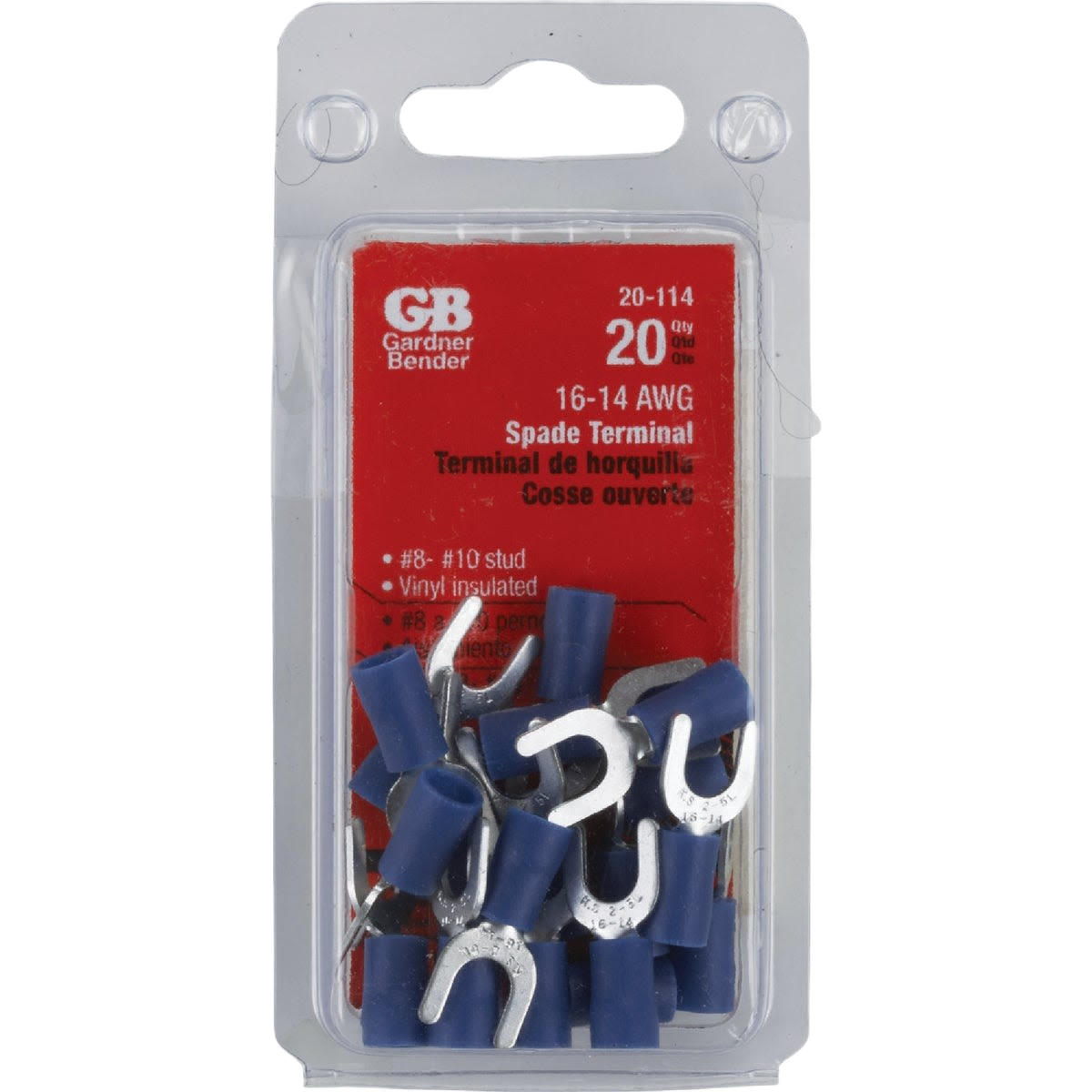 Blue vinyl insulated spade terminals for 16-14 AWG wire in clear plastic pack for electrical home improvement tasks