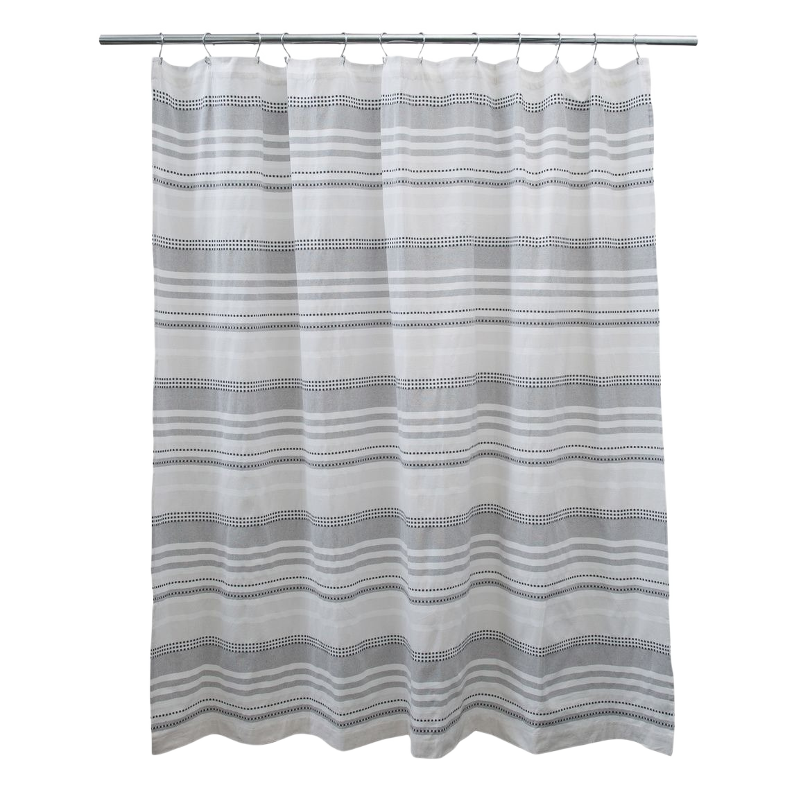 White and gray striped cotton shower curtain with subtle dot pattern for bathroom and bath accessories collections under $100