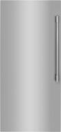 Stainless steel single-door freezer with smudge-proof finish and vertical handle in kitchen appliance setting