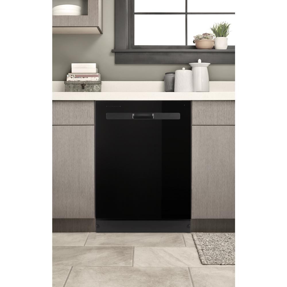 Built-in black dishwasher integrated into modern kitchen cabinetry and flooring in appliance collection