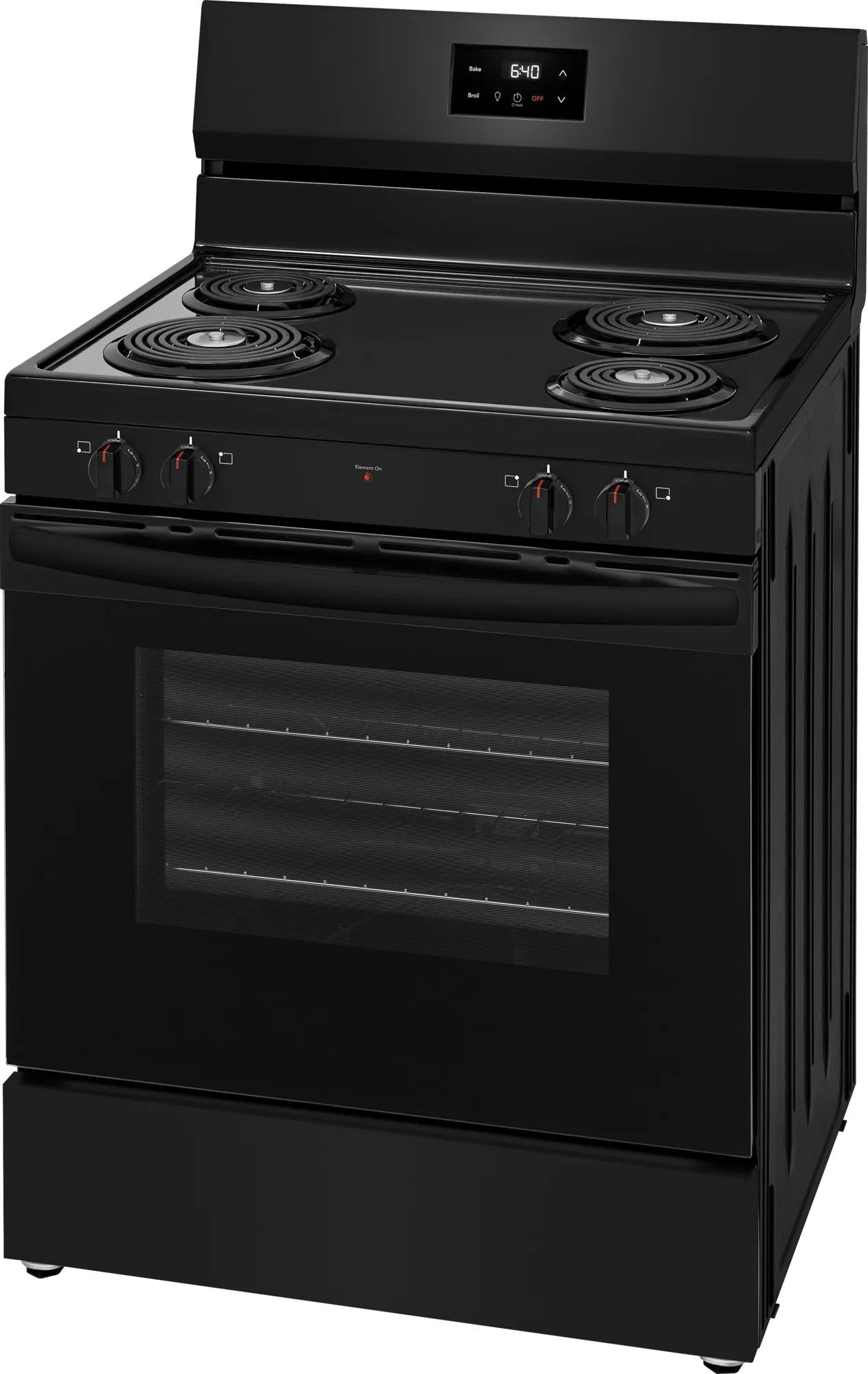 black freestanding electric range with coil burners and digital clock control for kitchen and home improvement