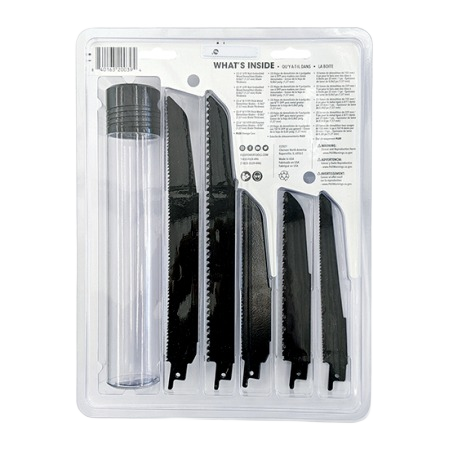 Set of five black demolition reciprocating saw blades in varying lengths with specialized tooth designs for home improvement tools