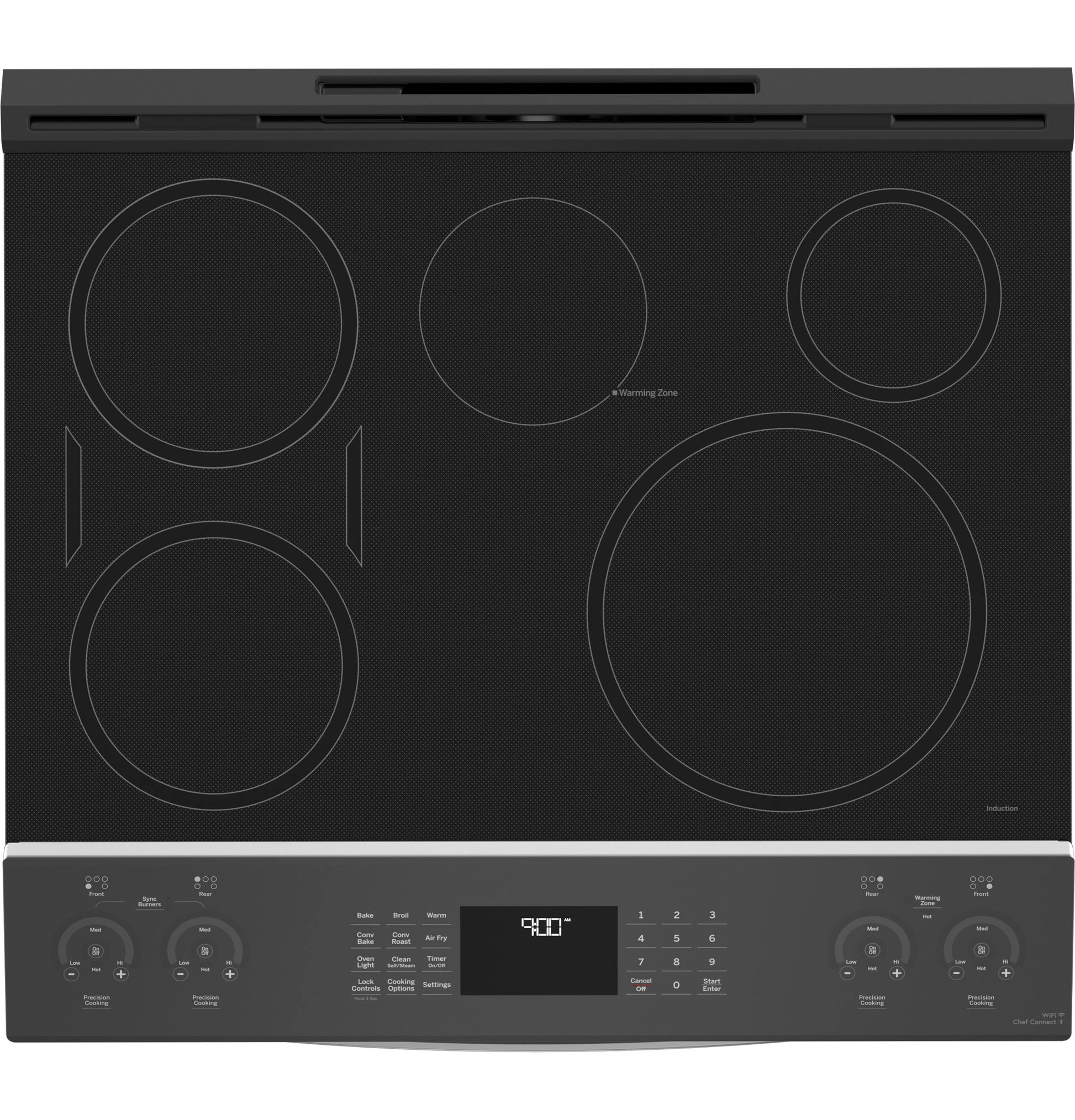 Top view of black induction cooktop with five burners and digital control panel for modern kitchen appliance