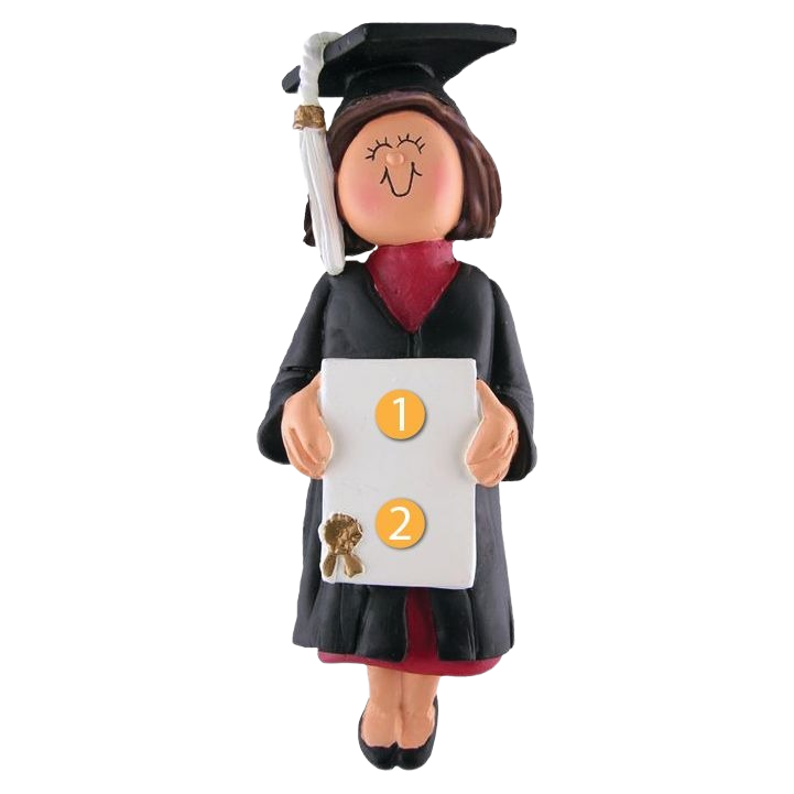 Brunette female graduate ornament holding diploma wearing cap and gown for Christmas tree decorations under $50 collection