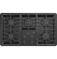 Black built-in gas cooktop with five burners and dishwasher-safe grates from GE in modern kitchenware collection