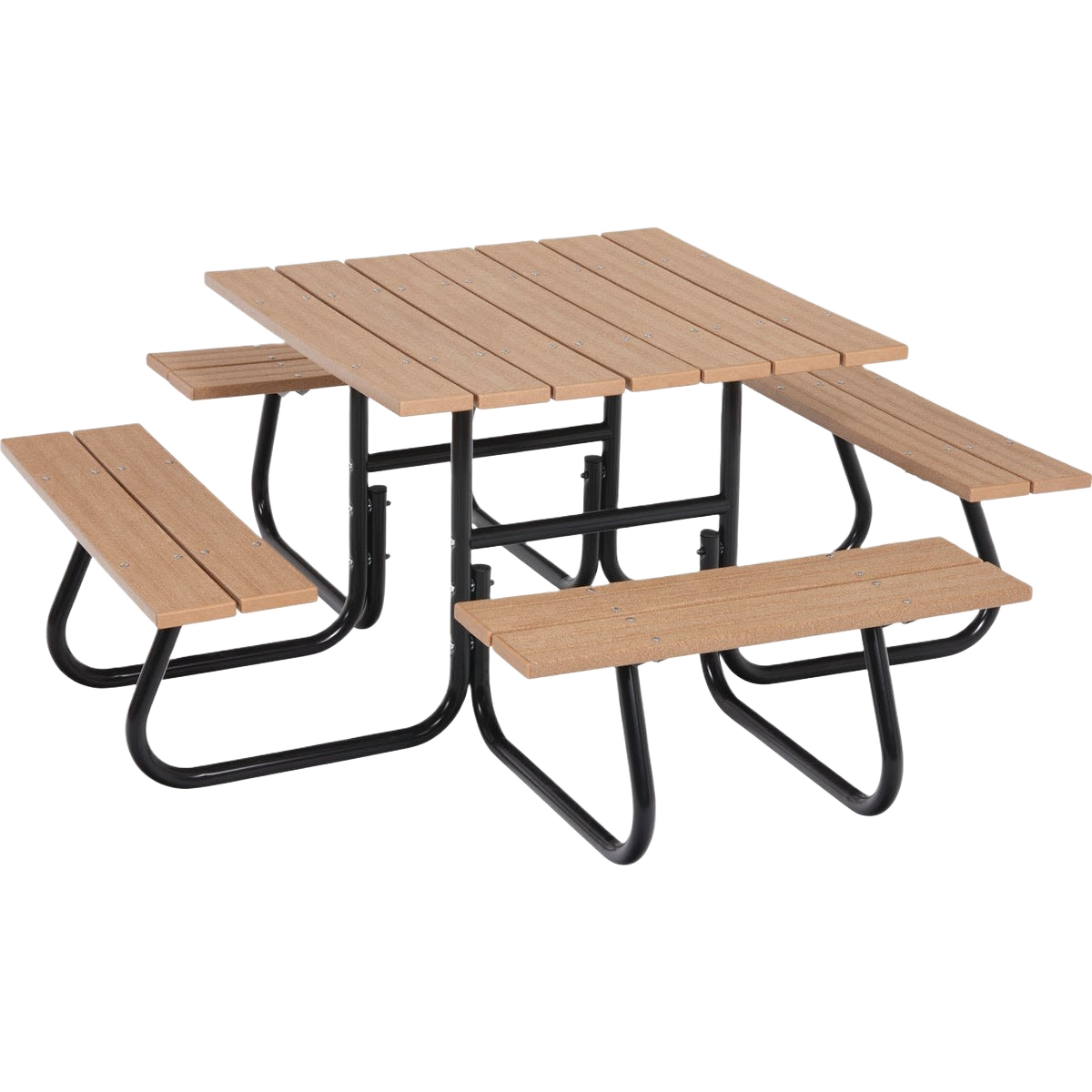 Square picnic table frame with natural wood planks and black metal legs for outdoor home improvement projects