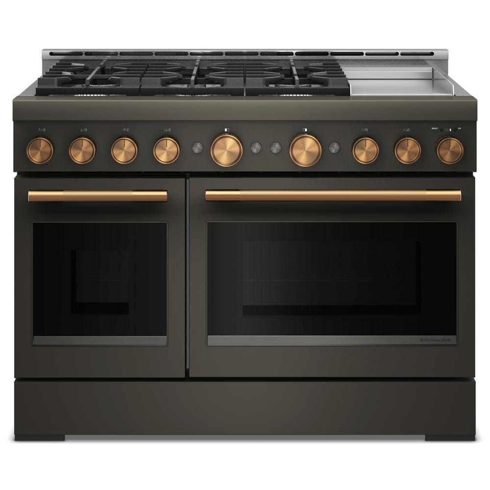 48-inch black commercial-style gas range with six burners, griddle, and bronze control knobs in kitchen appliances collection