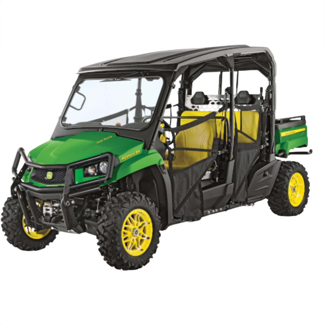 Three-quarter view of green and yellow John Deere XUV590M 4-seater utility vehicle with rugged tires and protective cab in John Deere UTVs at Hartville Hardware