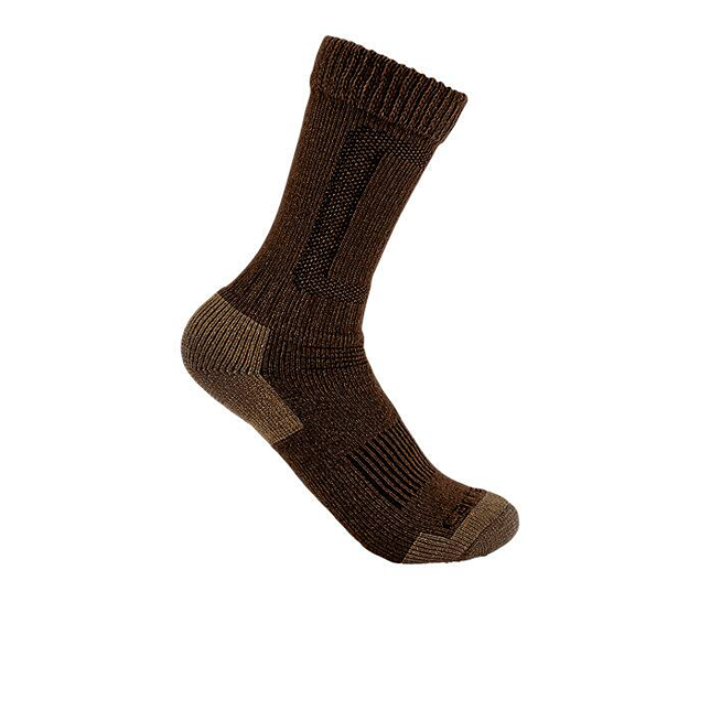 Dark brown thick wool boot sock with reinforced heel and toe designed for durability and comfort in work boots