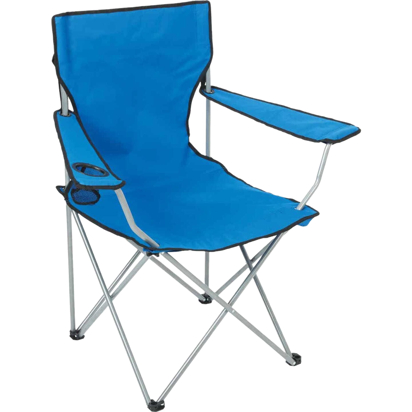 Blue polyester folding chair with cup holder for outdoor living, patio furniture, and lawn and garden use under $50