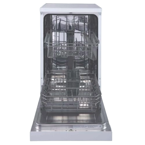 Open compact dishwasher with stainless steel interior and racks for eight place settings in kitchen appliances collection