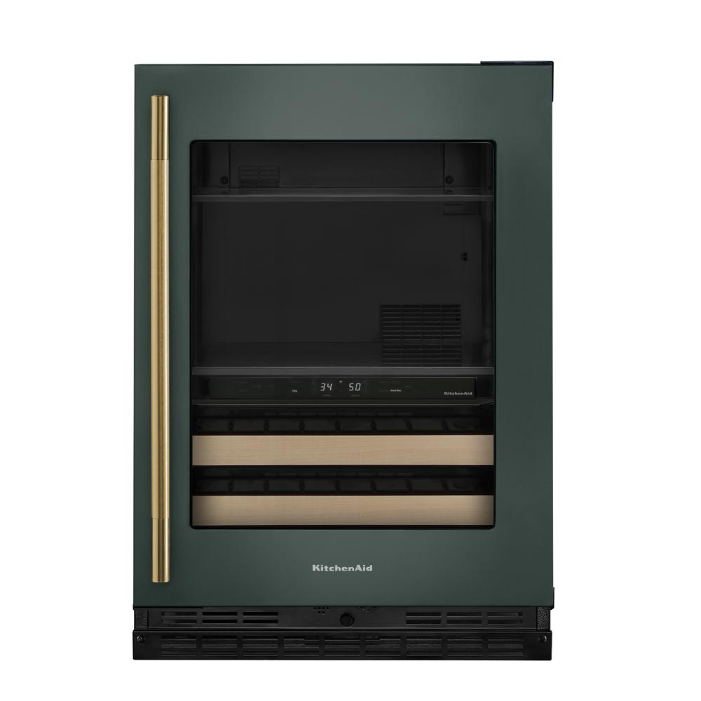 24-inch undercounter beverage center with tinted glass door, gold handle, wood-front racks in KitchenAid appliances collection