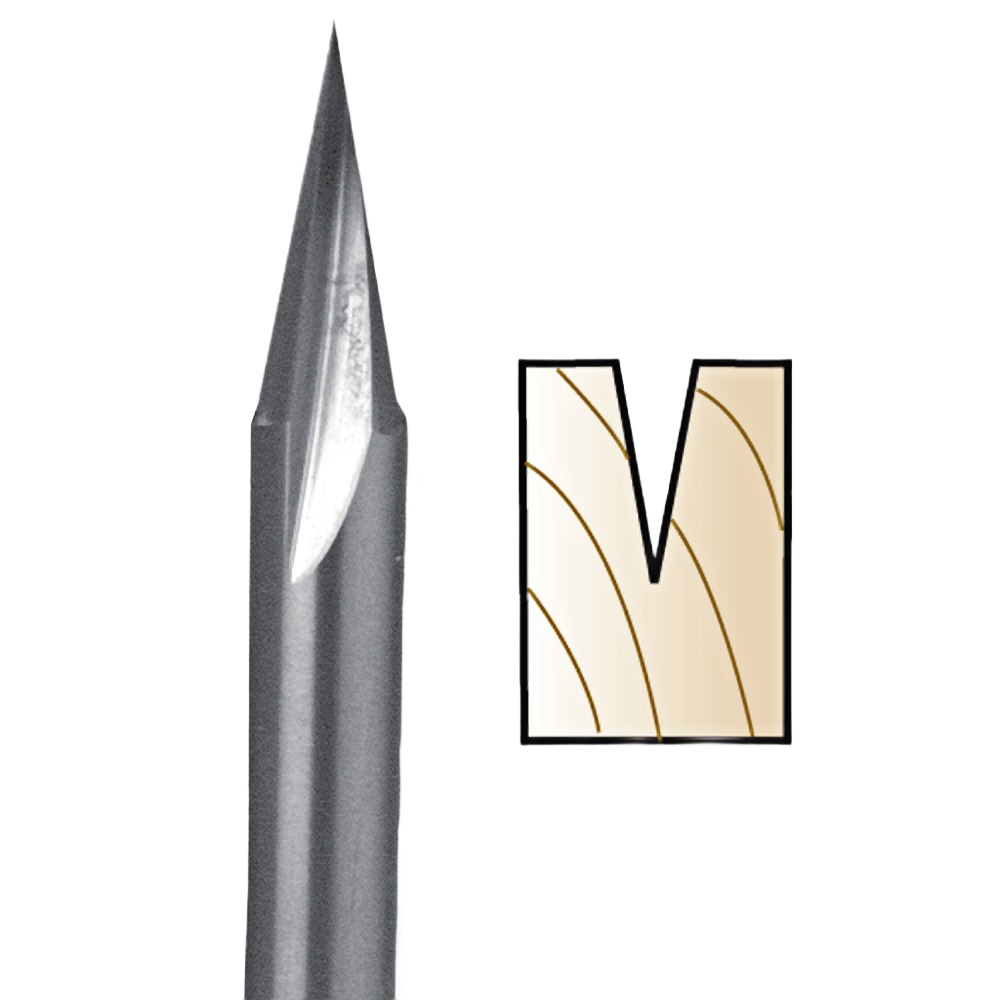 Solid carbide carving bit with sharp pointed tip for fine detail work in woodworking and carving tool accessories collections