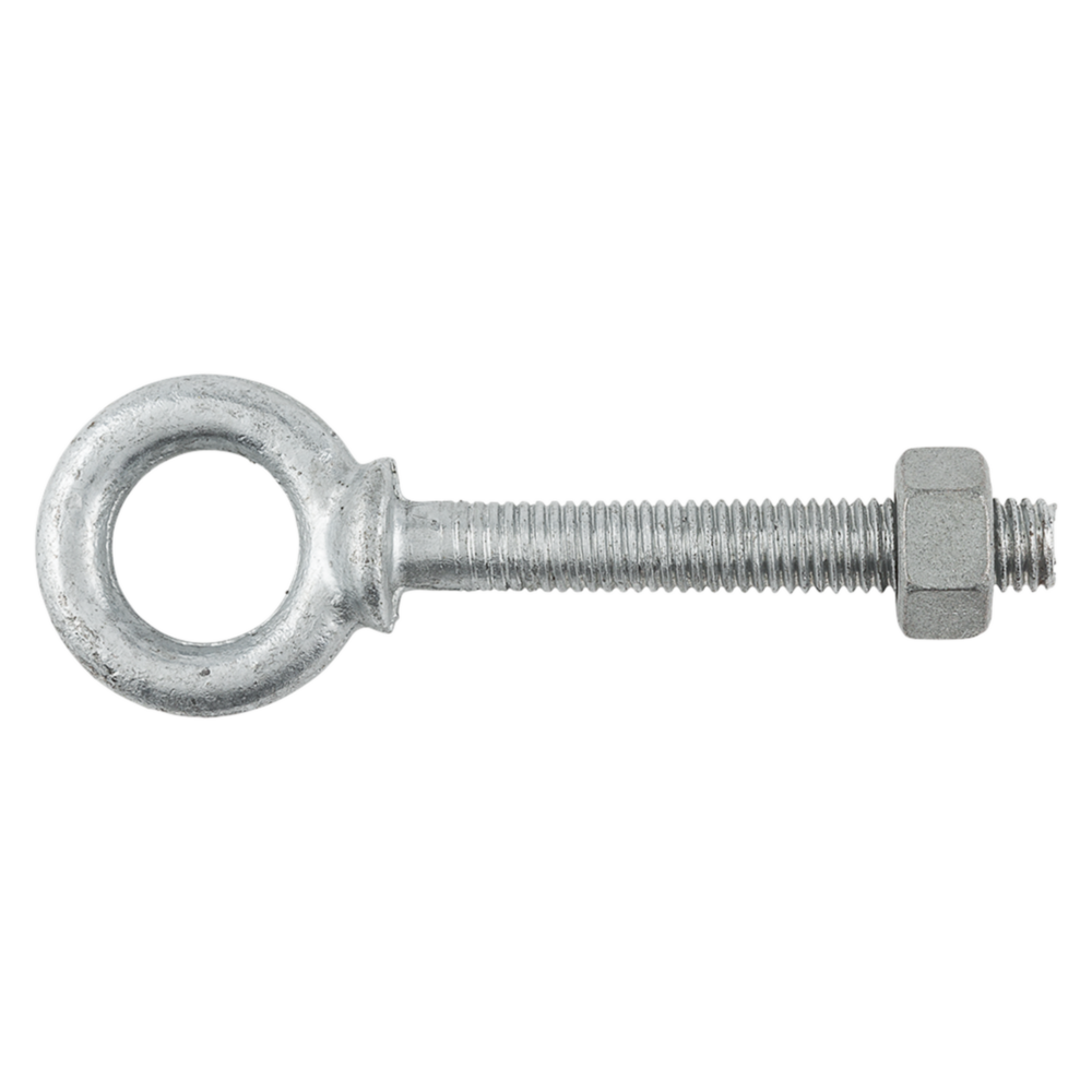 Galvanized eye bolt with threaded shaft and hex nut for secure fastening in hardware and home improvement tools under $50