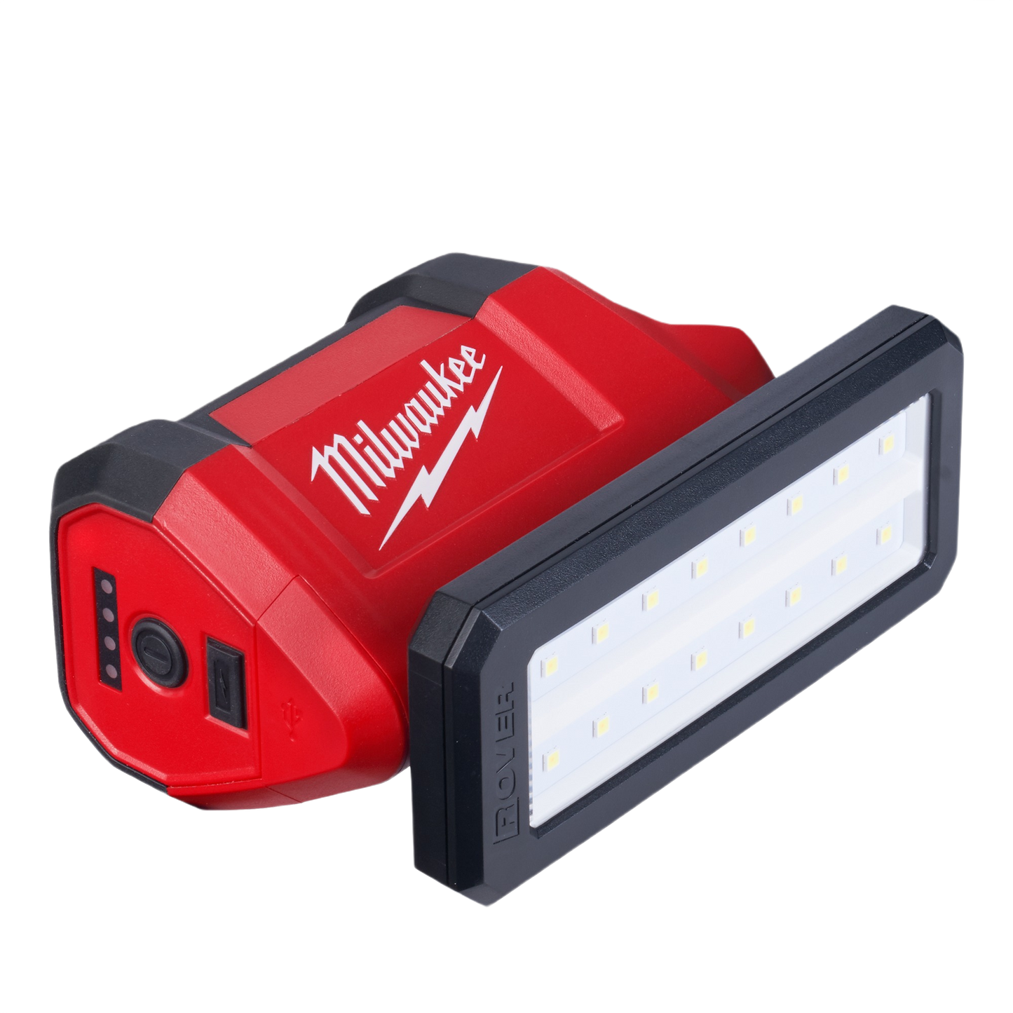 Portable red Milwaukee service flood light with LED panel for repair and home improvement tasks